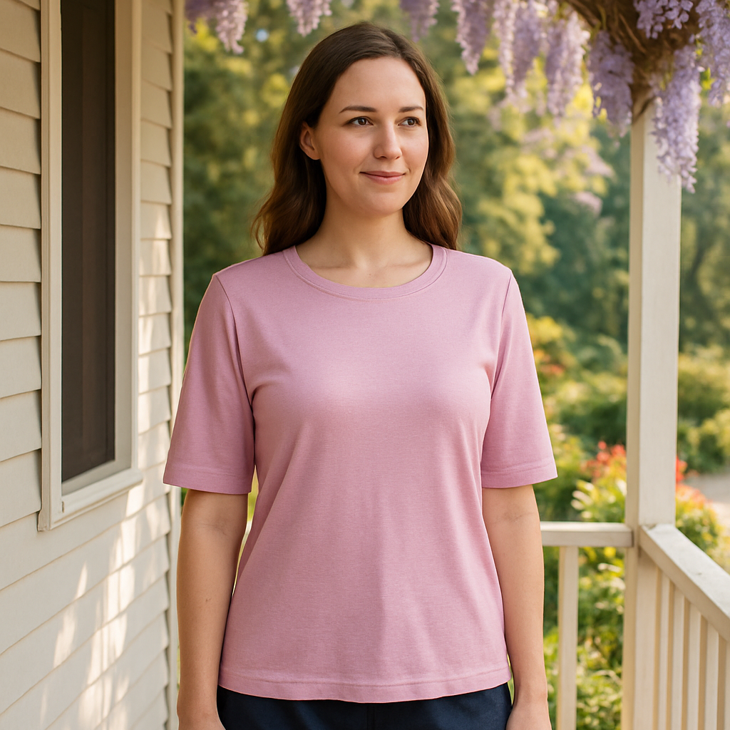 Woman wearing a pink shirt and navy shorts standing on a porch with wisteria flowers above.